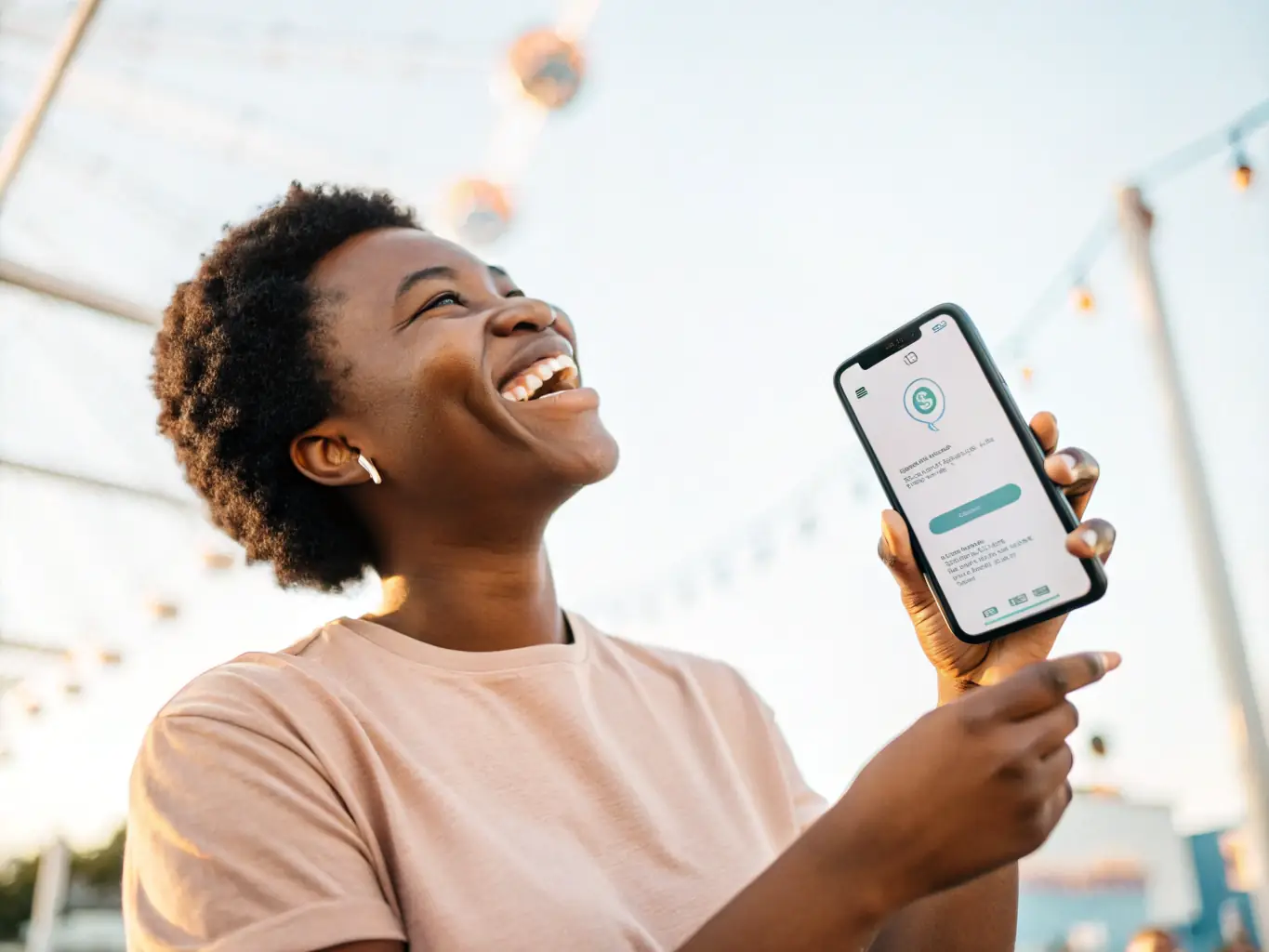 An image of a mobile phone screen showing a successful recharge notification with a user smiling, highlighting the satisfaction and reliability of the service.