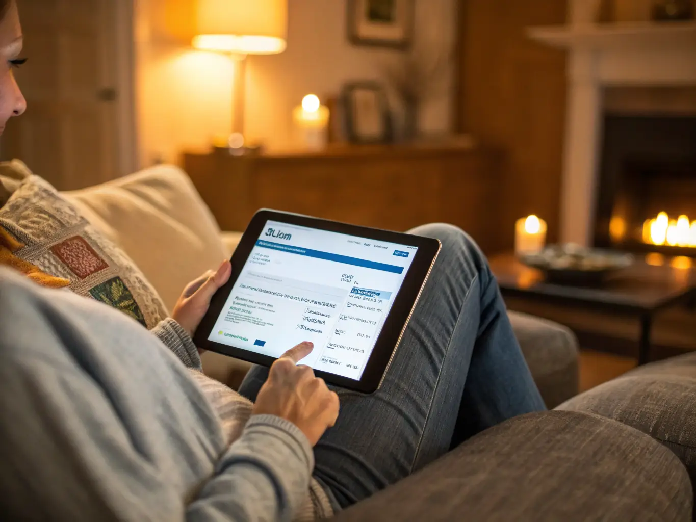 A person relaxing at home, using a tablet to access 1mibil.com services, showcasing the accessibility and convenience of managing digital tasks from anywhere.
